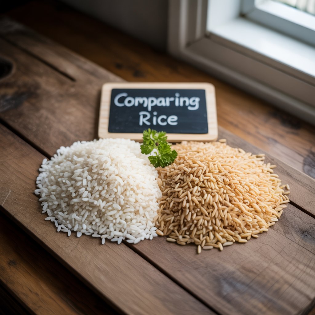 Side-by-side comparison of white rice and brown rice, highlighting their different nutritional impacts on millet vs. rice health