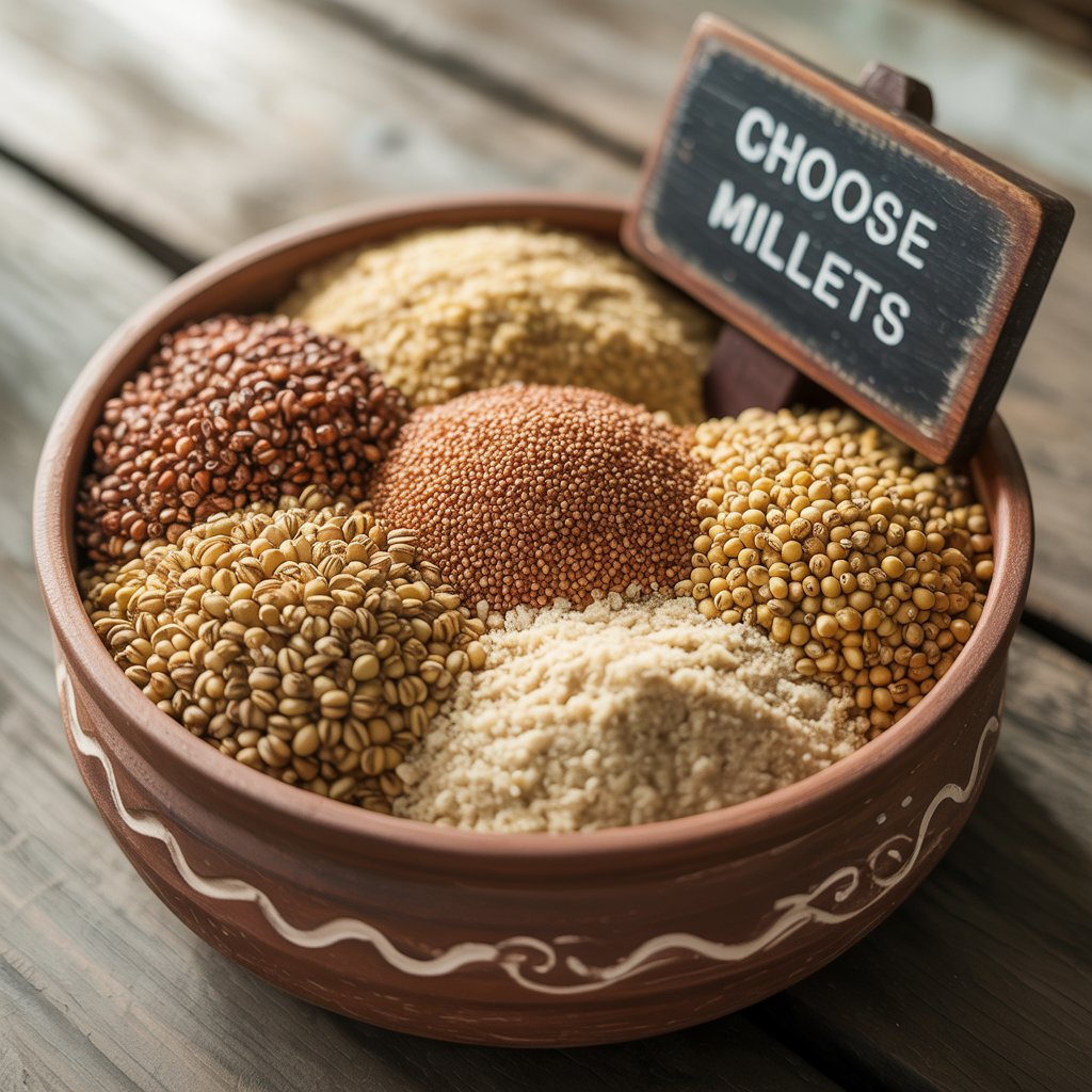 A healthy bowl of diverse millets like jowar, bajra, and ragi, illustrating the superior millet vs. rice health benefits.