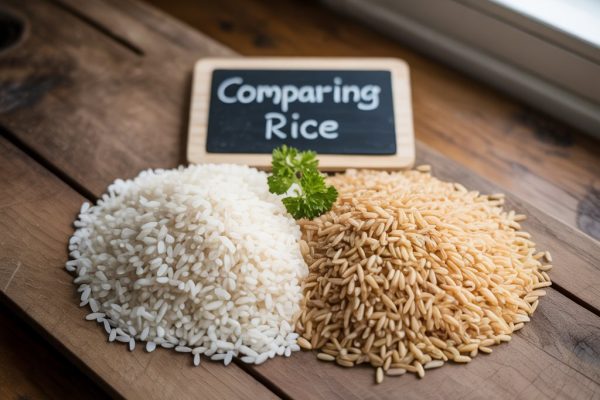 Side-by-side comparison of white rice and brown rice, highlighting their different nutritional impacts on millet vs. rice health